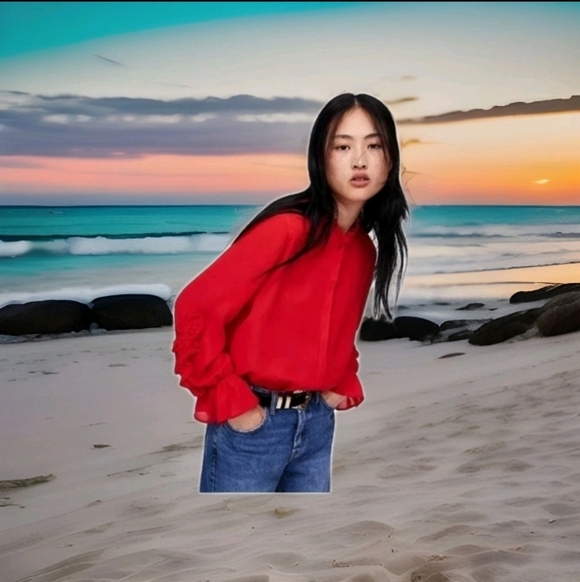 ZARA Women's Pre-owned Ruffles Collar Blouse(Red, US M / EUR M) - Picture 2 of 10